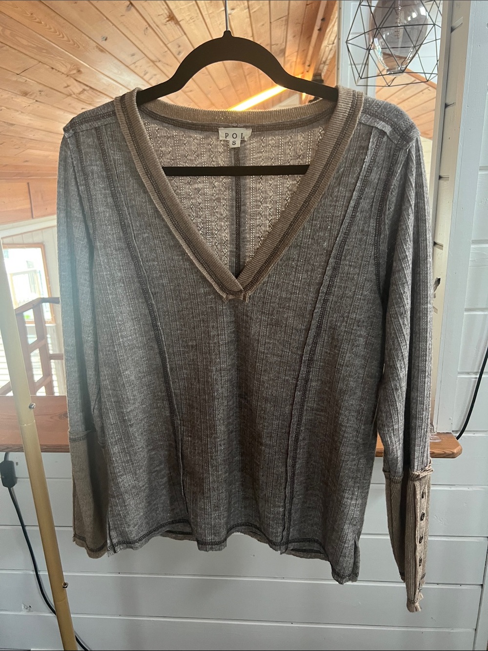 POL Neutral Heather Knit Top with Taupe Trim